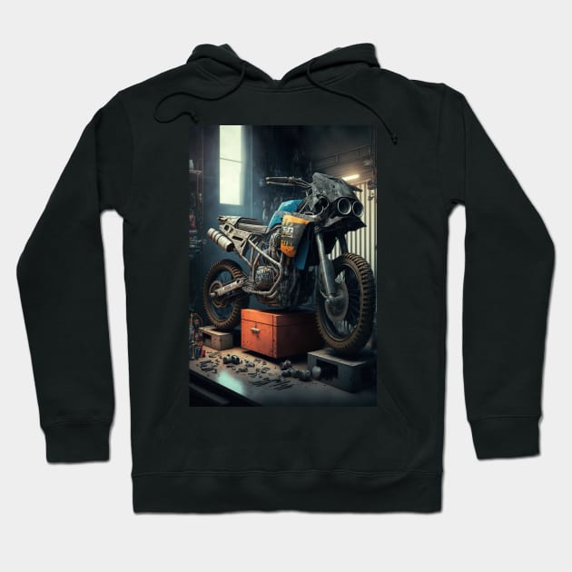 Dirt bike in a shop CGI style Hoodie by KoolArtDistrict